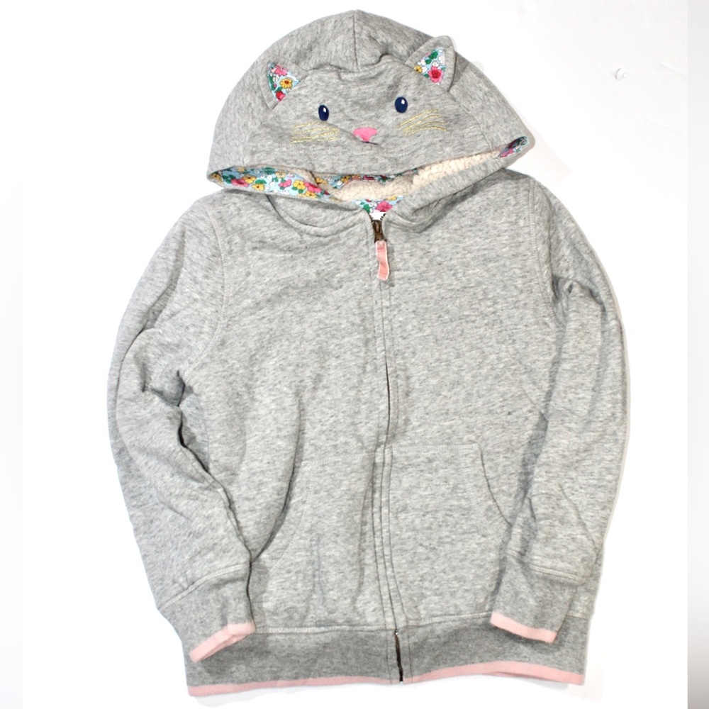 Mini Boden Gray Hooded Cat Zip Sweater with Floral Trim